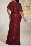 Sexy Formal Solid Sequins Patchwork V Neck Wrapped Skirt Plus Size Dresses