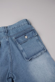 Street Solid Patchwork Pocket Buttons Zipper High Waist Straight Denim Jeans