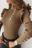 British Style Solid Buttons Flounce Turtleneck Tops