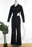 Street Solid Hollowed Out Patchwork Pocket Buckle Turndown Collar Loose Jumpsuits