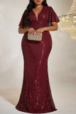 Sexy Formal Solid Sequins Patchwork V Neck Wrapped Skirt Plus Size Dresses