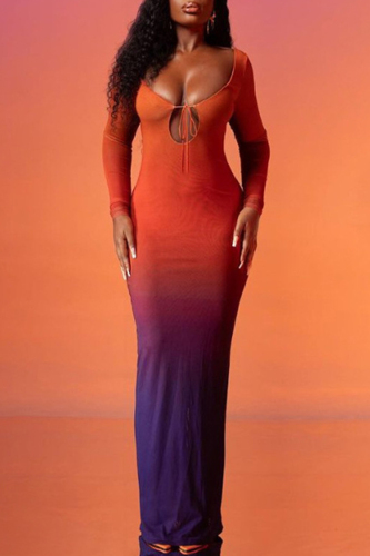 Sexy Gradual Change Bandage Hollowed Out Patchwork U Neck Long Dress Dresses