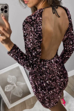 Sexy Vintage Solid Sequins Frenulum Backless O Neck Dresses