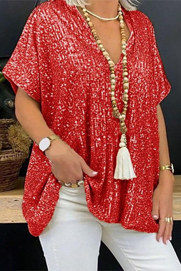 Casual Solid Sequins Sequined V Neck T-Shirts