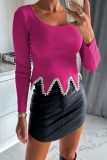Casual Solid Patchwork Pearl O Neck Tops