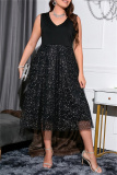Casual Solid Patchwork V Neck Sleeveless Dress Plus Size Dresses