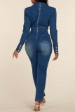 Casual Solid Patchwork Turndown Collar Regular Denim Jumpsuits