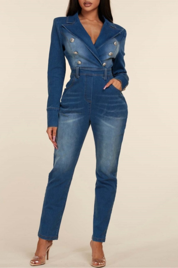 Casual Solid Patchwork Turndown Collar Regular Denim Jumpsuits