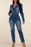 Casual Solid Patchwork Turndown Collar Regular Denim Jumpsuits