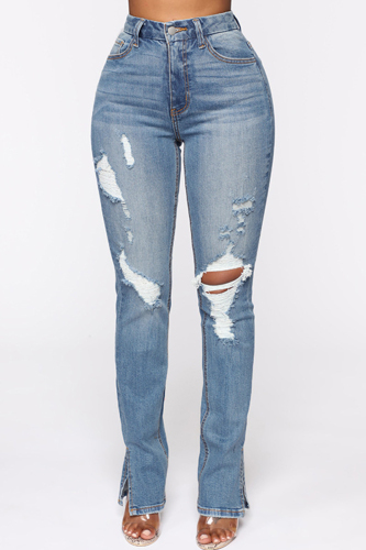 Street Solid Ripped Patchwork Buttons Slit Zipper Mid Waist Boot Cut Denim Jeans