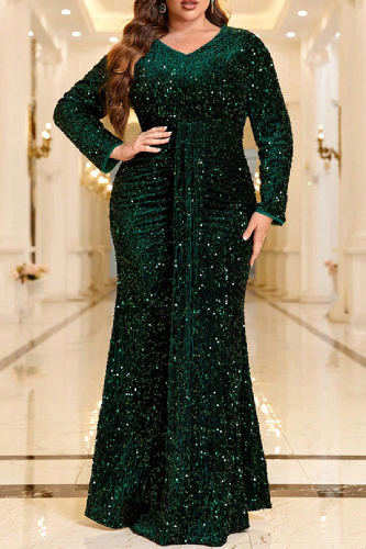 Sexy Formal Solid Sequins Patchwork V Neck Long Dress Plus Size Dresses