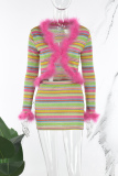 Street Striped Patchwork Feathers V Neck Long Sleeve Two Pieces