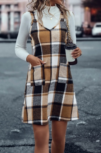 Casual Plaid Basic V Neck Strap Dress Dresses
