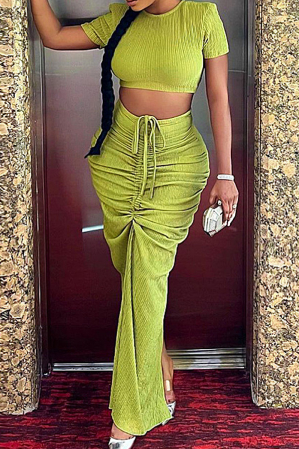 Ruched Tie-Up Tiered Long Skirt with Crop Top Daily Vacation Two Piece Skirt Set