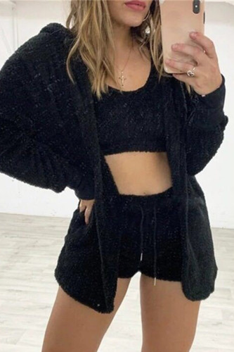 Black Casual Living Solid Basic O Neck Long Sleeve Three-piece Set