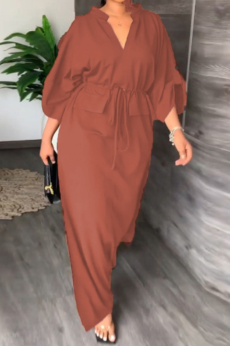 Casual Solid Frenulum Slit V Neck Long Dress Dresses