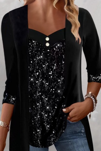 Casual Patchwork Sequins V Neck Tops