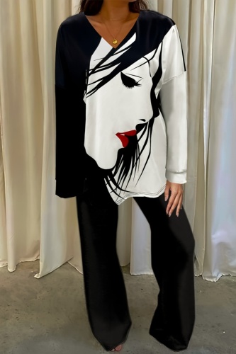 Casual Print Basic V Neck Long Sleeve Two Pieces
