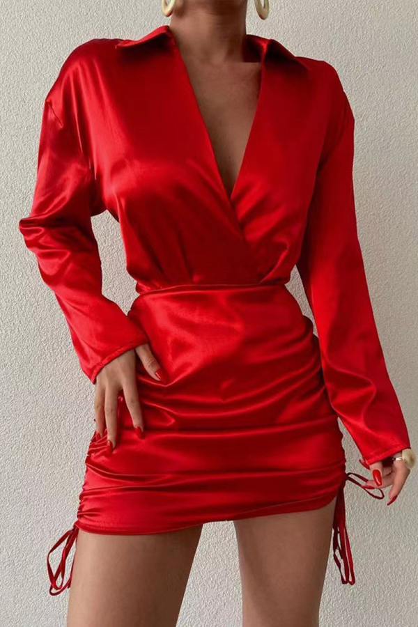 Sexy Solid Draw String With Bow V Neck Wrapped Skirt Dresses