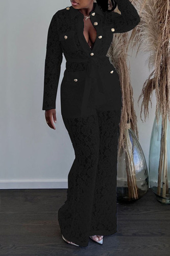 Black Sexy Solid Patchwork Buckle See-through Turndown Collar Long Sleeve Two Pieces