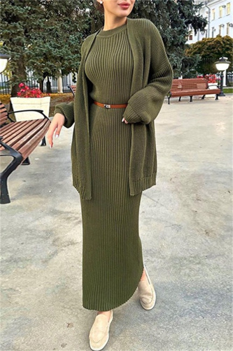 Casual Solid Cardigan O Neck Long Sleeve Two Pieces (Without Belt)