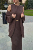 Casual Solid Cardigan O Neck Long Sleeve Two Pieces (Without Belt)