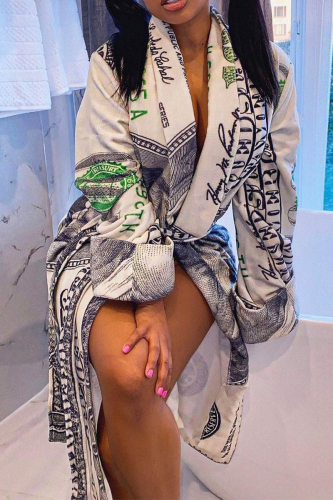 Casual Print Bandage Patchwork Cardigan Collar Printed Dress Dresses