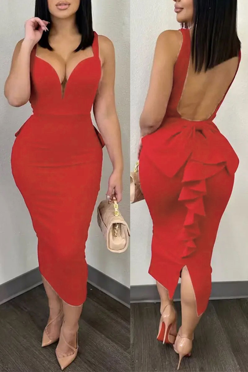 Moxidress U Neck Sleeveless Ruffle Bodycon Midi Dress