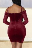 Burgundy Sexy Solid Patchwork Backless Off the Shoulder Long Sleeve Dresses