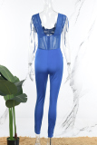 Blue Sexy Casual Daily Patchwork See-through Solid Color Spaghetti Strap Skinny Jumpsuits