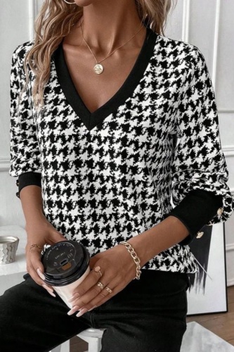 Casual Print Patchwork V Neck Tops