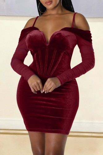 Burgundy Formal Evening Party Backless Off the Shoulder Long Sleeve Bodycon Velvet Mini Dress