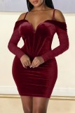 Green Sexy Solid Patchwork Backless Off the Shoulder Long Sleeve Dresses