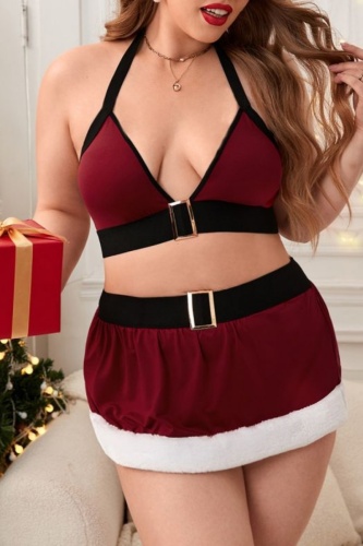 Sexy Living Patchwork Backless Contrast Spaghetti Strap Plus Size Sleepwear Set