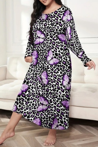 Casual Living Print Basic O Neck Long Sleeve Plus Size Sleepwear Dress