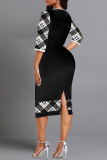 Casual Print Patchwork Slit O Neck Wrapped Skirt Plus Size Dresses