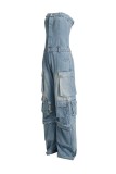Colour Sexy Casual Solid Patchwork Backless Strapless Sleeveless Skinny Denim Jumpsuits