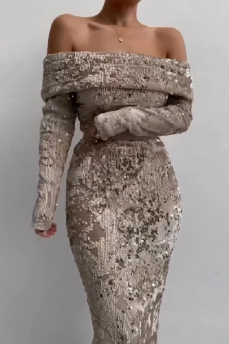 Sexy Casual Solid Sequins Patchwork Off the Shoulder Long Sleeve Dresses
