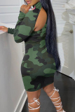 Street Camouflage Print Hollowed Out Patchwork Turtleneck Wrapped Skirt Dresses