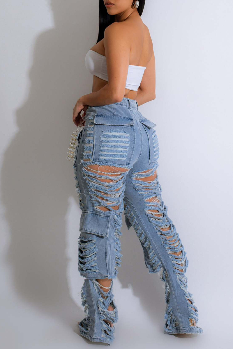 Wholesale Casual Solid Ripped Hollowed Out High Waist Skinny Denim ...