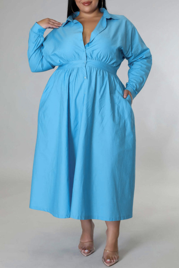 Blue Casual Solid Patchwork Turndown Collar Shirt Dress Plus Size Dresses