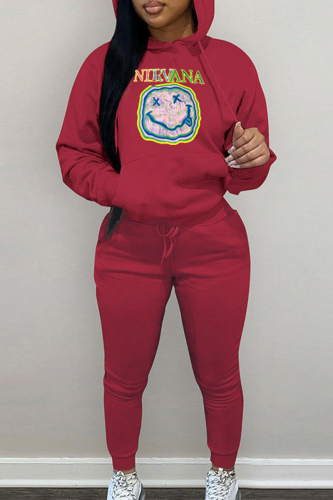 Casual Print Patchwork Draw String Pocket Hooded Collar Long Sleeve Two Pieces