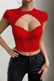 Sexy Casual Solid Hollowed Out See-through O Neck Tops