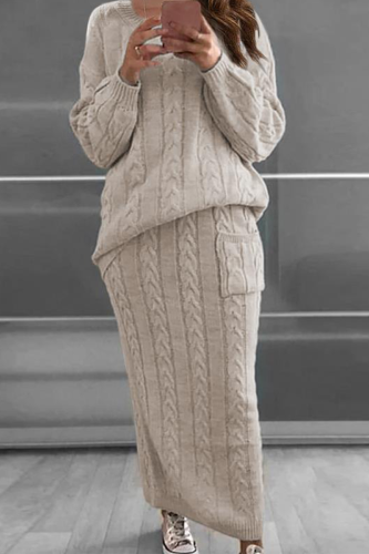 Apricot Fashion Solid Patchwork O Neck Long Sleeve Two Pieces