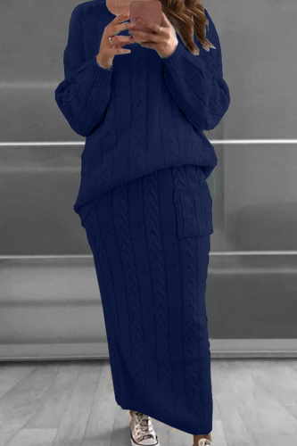 Royal Blue Fashion Solid Patchwork O Neck Long Sleeve Two Pieces