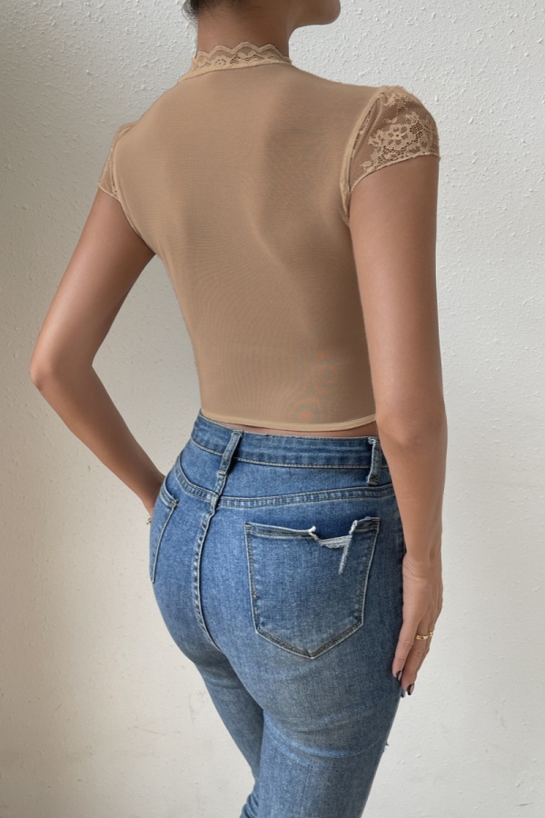 Crewneck hollow out see through beaded button cut out top