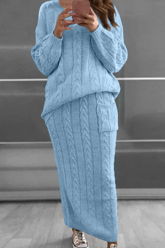 Sky Blue Fashion Solid Patchwork O Neck Long Sleeve Two Pieces