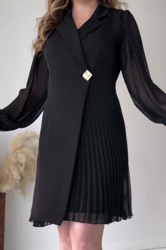 Casual Solid Patchwork Pleated Turndown Collar Long Sleeve Dresses