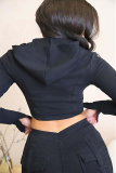 Black Casual Solid Patchwork Draw String Pocket Slit Zipper Turndown Collar Long Sleeve Two Pieces