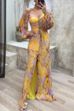 Floral Print Off Shoulder Lantern Sleeve Rhinestone Decor Vacation Ruched Slit Bodycon Maxi Dress